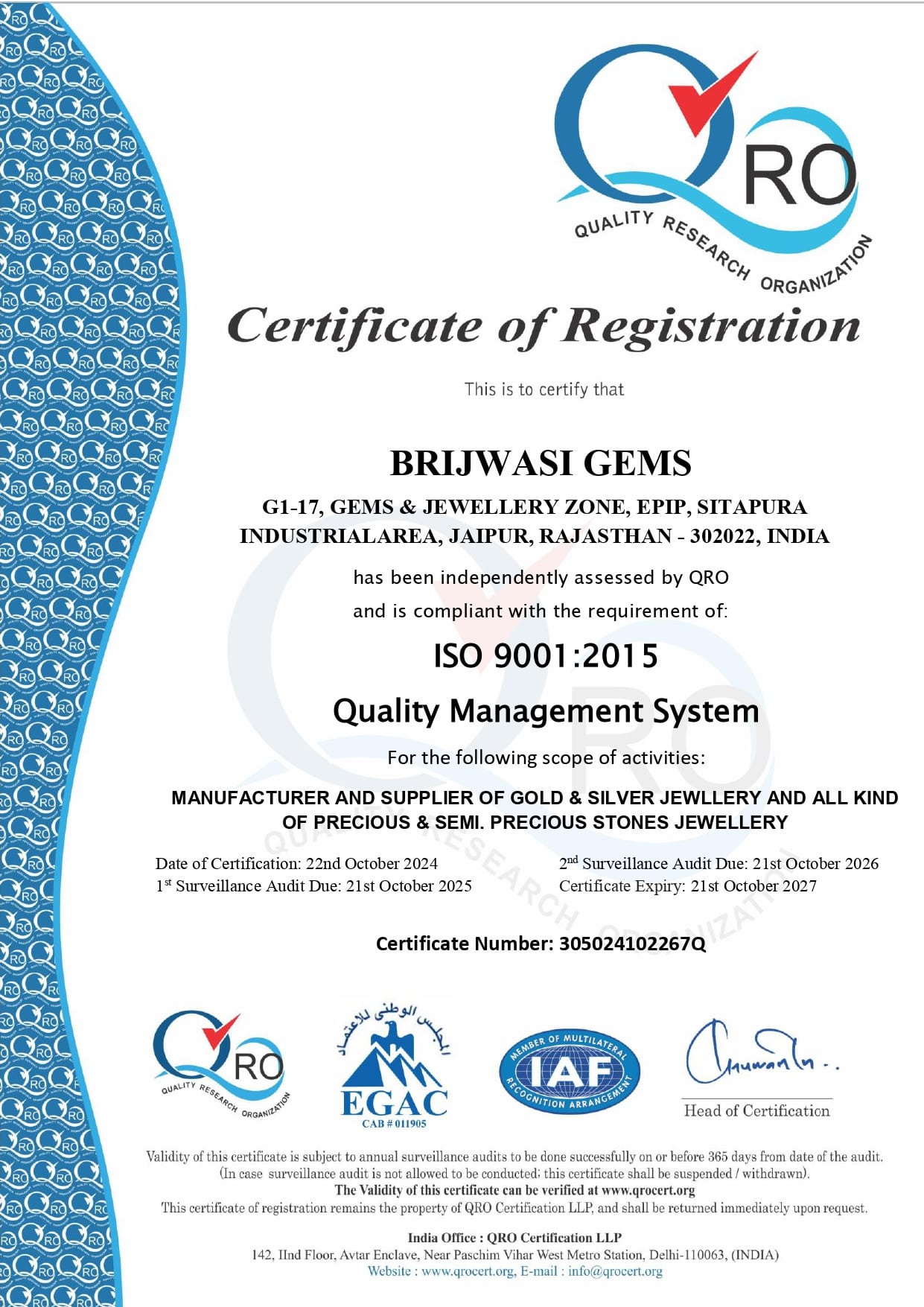 Brijwasi Gems- ISO 9001