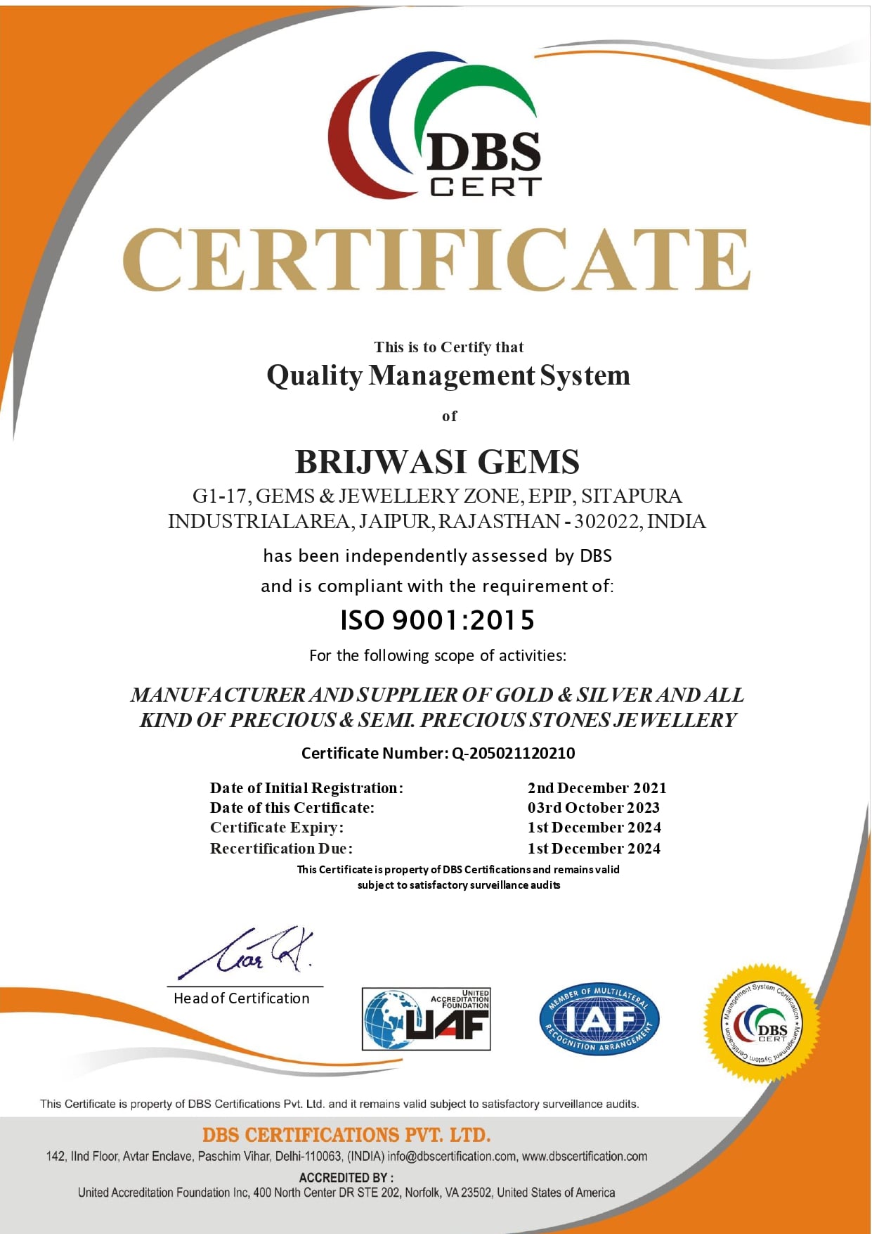 Brijwasi Gems ISO9001-2015